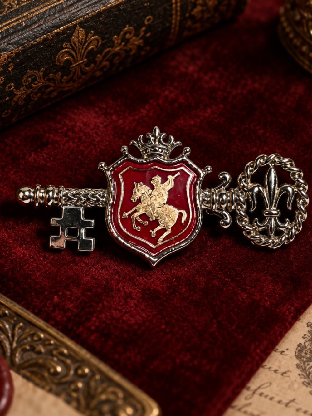 Vintage Heraldic Key Brooch Red Enamel Fleur-de-Lis Medieval Style